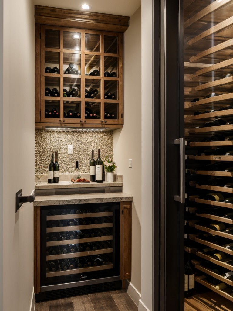 Wine enthusiast's apartment with a climate-controlled wine cellar, wine fridge, and a cozy tasting area.