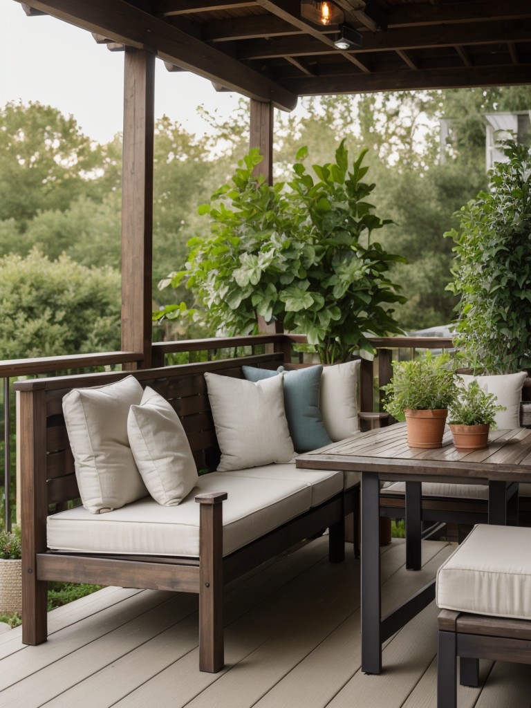 Create a cozy outdoor living area with comfortable seating, a small dining set, and potted plants for a touch of greenery.