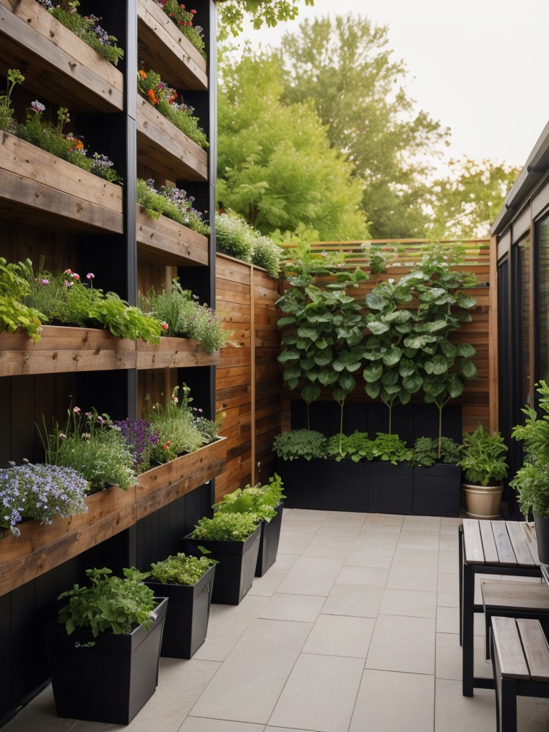 Incorporate a vertical garden with herbs and vegetables to create a functional and visually appealing patio space.