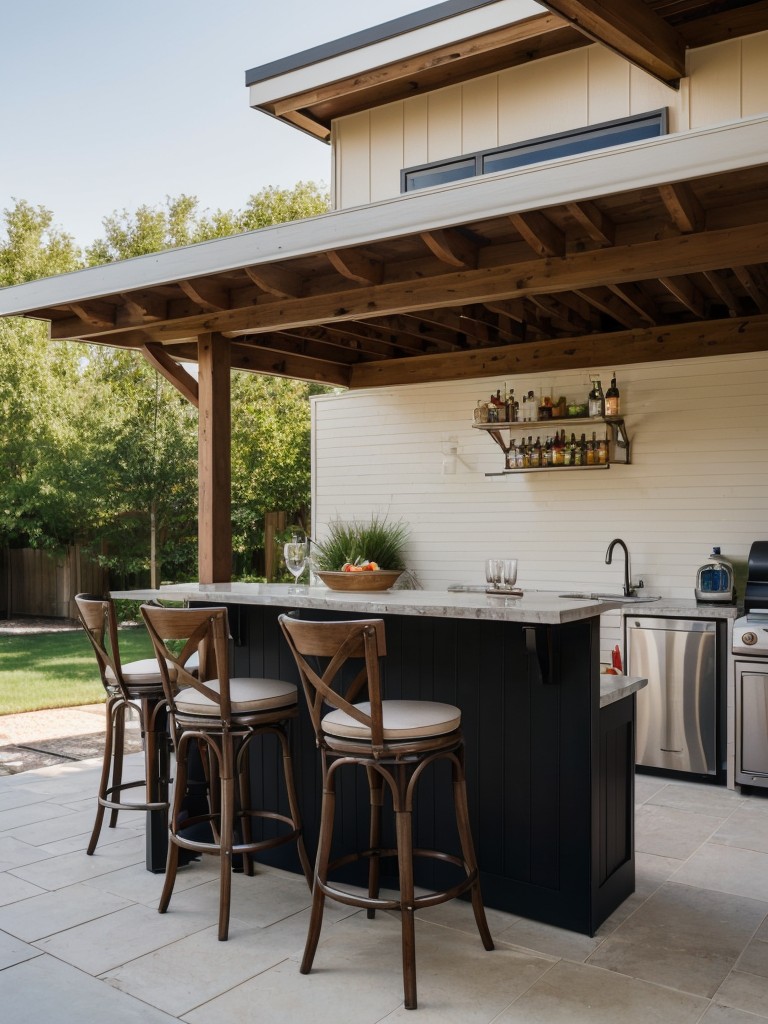 Install a small bar counter or outdoor kitchenette for entertaining guests and enjoying al fresco dining.