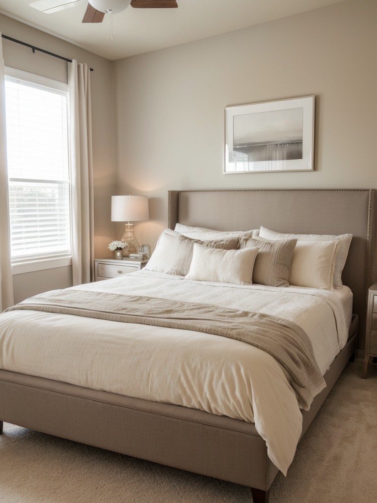 Create a cozy and inviting master bedroom with a neutral color palette, plush bedding, and soft lighting.