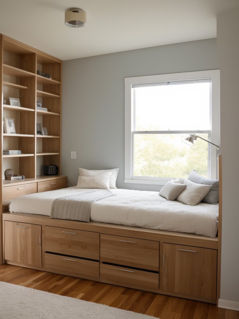 Optimize space by incorporating multifunctional furniture like a bed with built-in storage or a desk area.