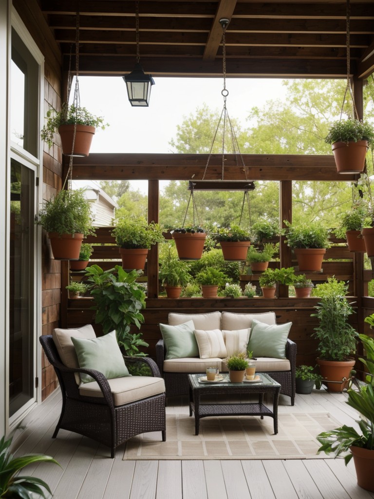 Create a cozy oasis with potted plants, hanging baskets, and a small seating area.