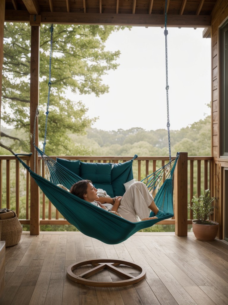 Create a peaceful retreat by adding a hammock or swing chair for ultimate relaxation.