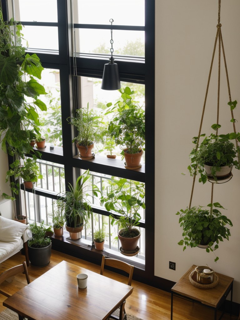 Make use of vertical space by hanging plants from the ceiling or from a railing.