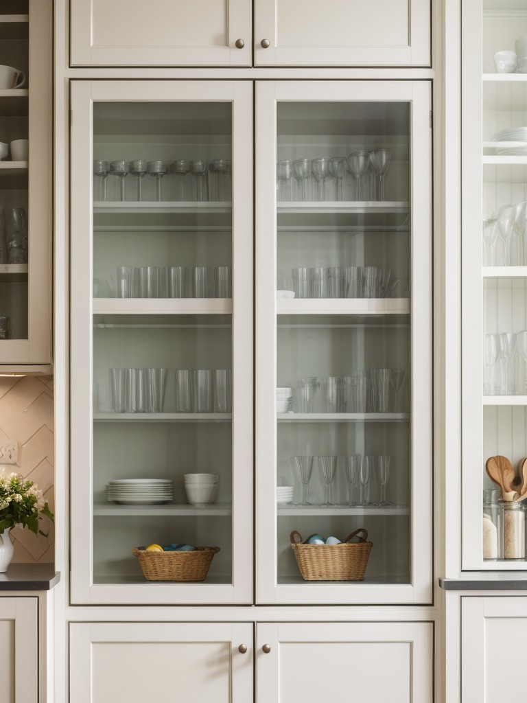 Consider replacing cabinet doors with glass-front options to showcase your favorite kitchenware and create an open and airy feel.