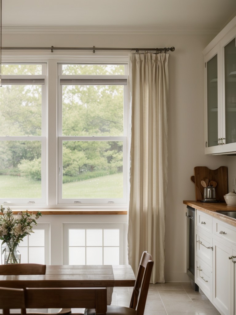 Hang curtains or blinds in the kitchen window to add privacy and control natural light.
