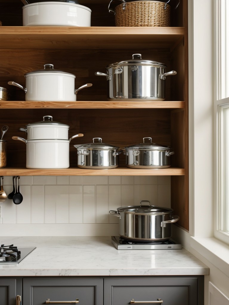 Hang a decorative ceiling rack to store and display cookware, freeing up valuable cabinet space.