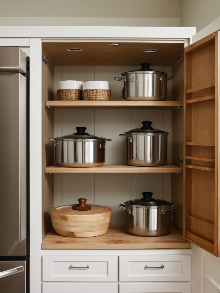 Hang open shelves to create additional storage space and showcase your favorite kitchen accessories and cookware.