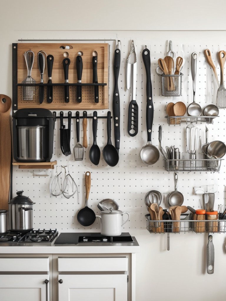Hang a pegboard on the wall to organize and display your cooking utensils and tools.