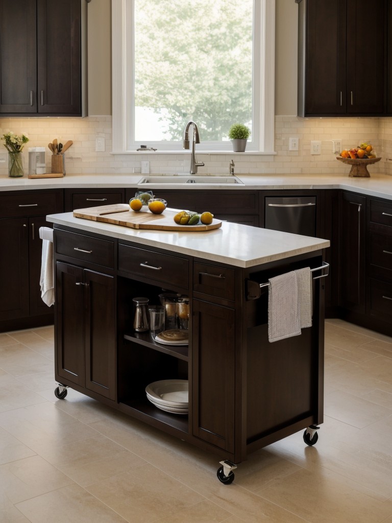 Incorporate a stylish kitchen island or rolling cart for extra workspace and storage options.