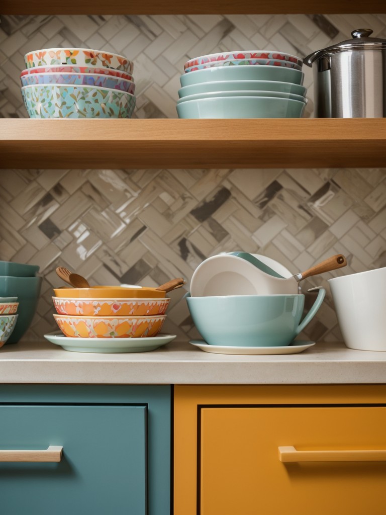 Use colorful and patterned dishware and utensils to add personality and style to your kitchen cabinets.