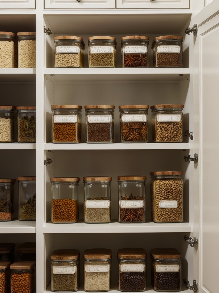 Use decorative glass jars or canisters to store and display pantry items, such as grains, pasta, and spices.