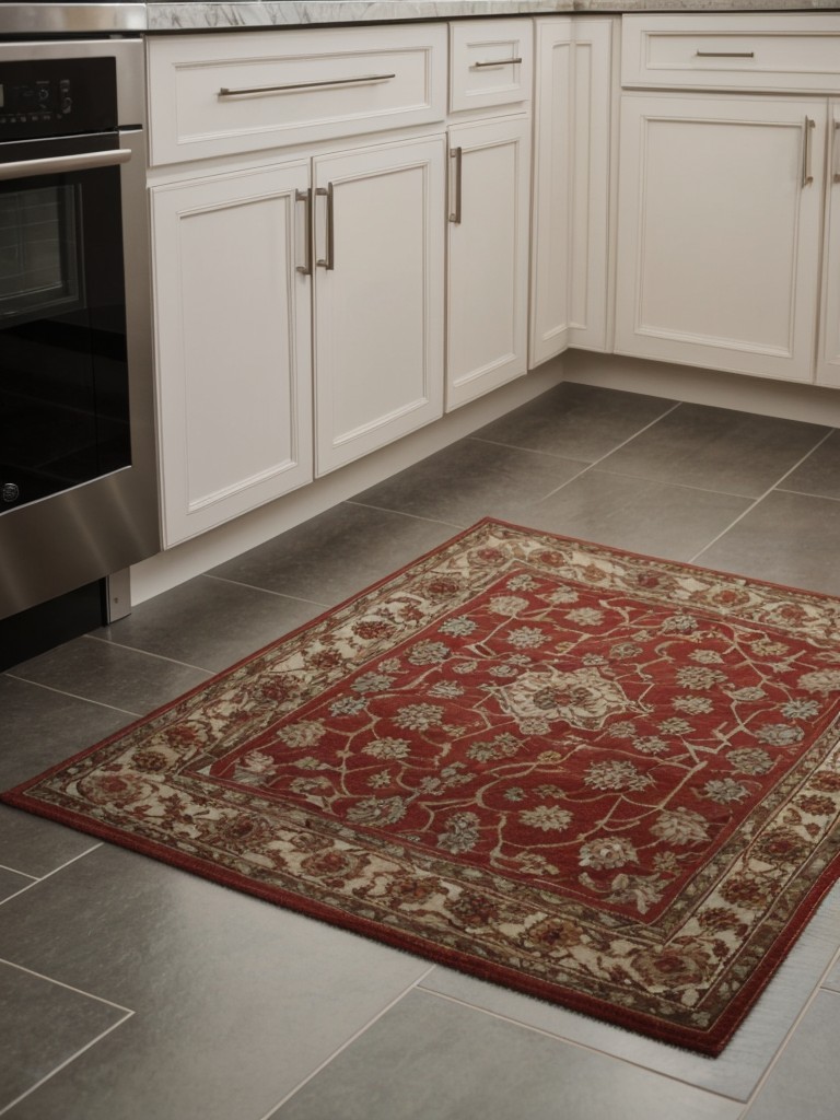 Use a decorative rug or mat to add comfort and style to your kitchen floor.