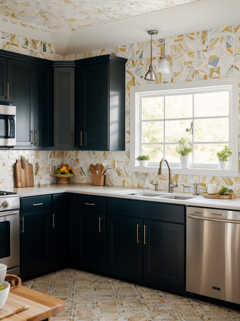 Utilize removable wallpaper or peel-and-stick tiles to add color and pattern to your kitchen walls without permanent changes.