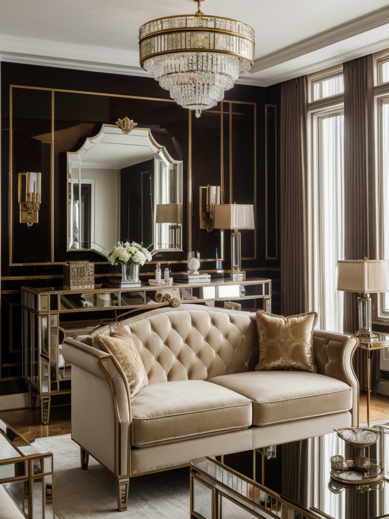 Art Deco-style apartment living room with glamorous touches like velvet upholstery, geometric patterns, and mirrored accents for a luxurious and sophisticated ambiance.