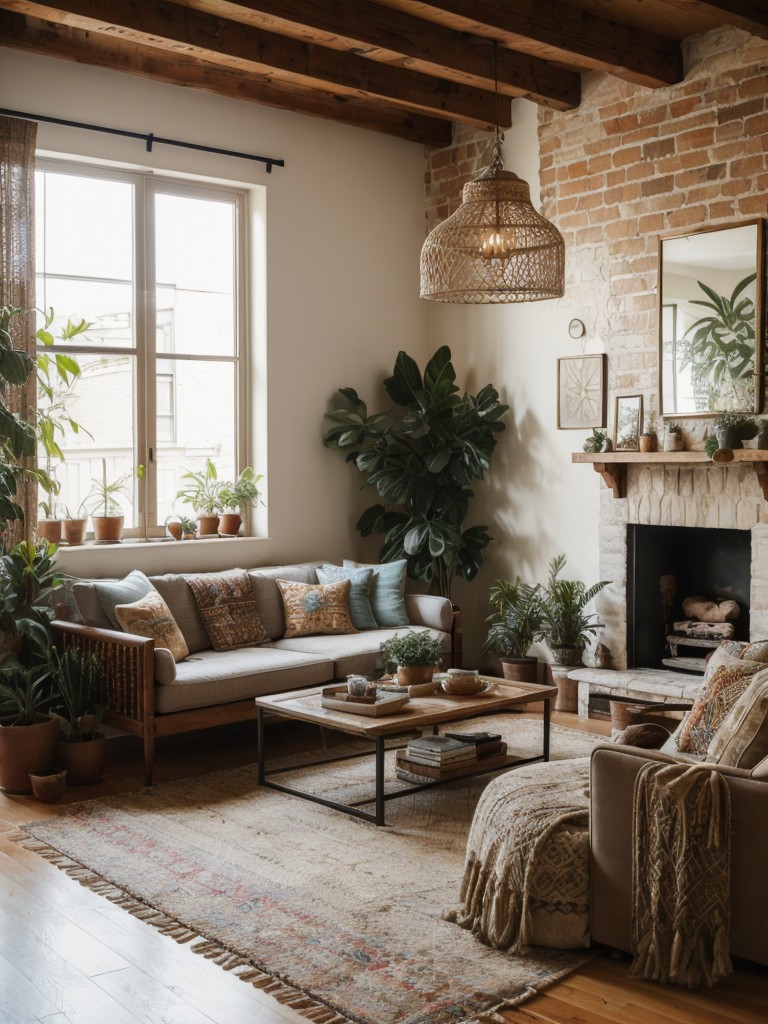 Boho chic apartment living room with a mix of patterns, textures, and a cozy floor seating area for a relaxed and eclectic vibe.