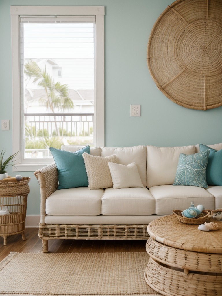 Coastal-themed apartment living room with a breezy color palette, beachy accents like seashells and driftwood, and natural materials like wicker and rattan.