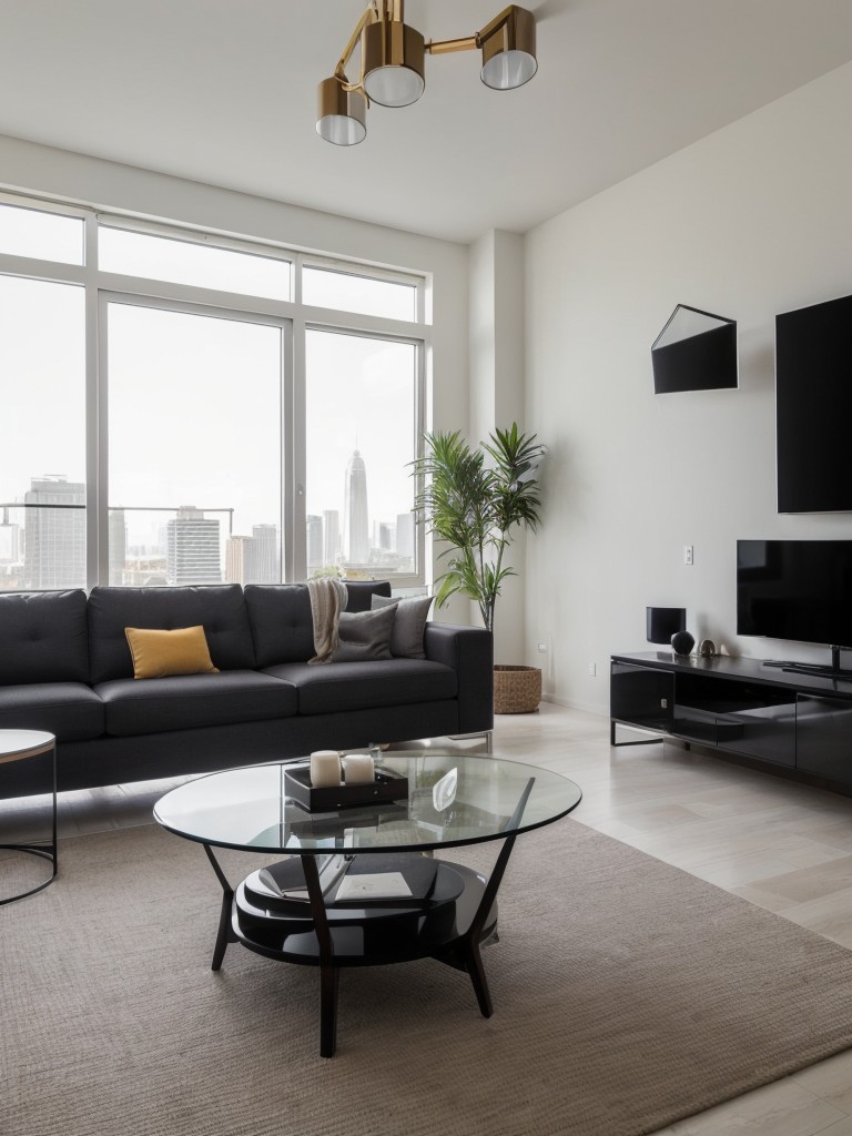 Contemporary apartment living room combining sleek furniture, bold accents, and modern technology for a stylish and high-tech ambiance.