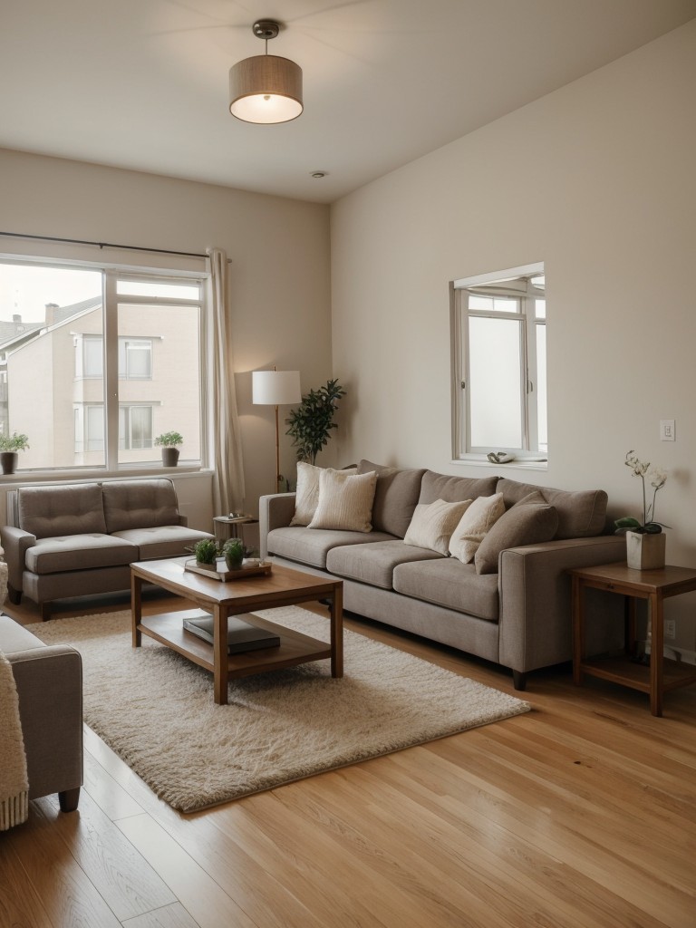 Cozy apartment living room with plush seating, soft lighting, and a mix of textures for a warm and inviting atmosphere.