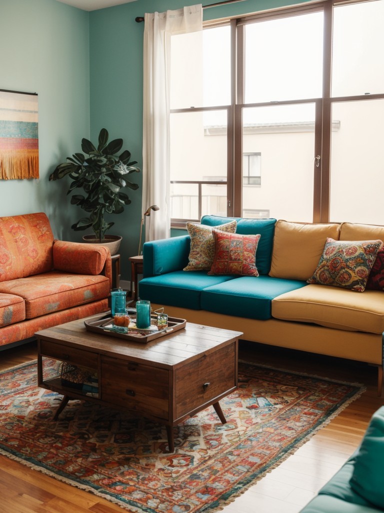 Eclectic apartment living room filled with vibrant colors, mix-and-match furniture pieces, and a variety of patterns for a bohemian look.