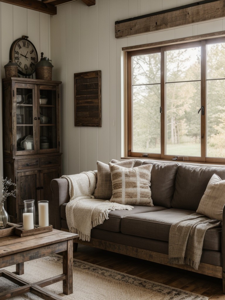 Farmhouse-inspired apartment living room with rustic elements, distressed wood furniture, and cozy textiles for a charming and country feel.