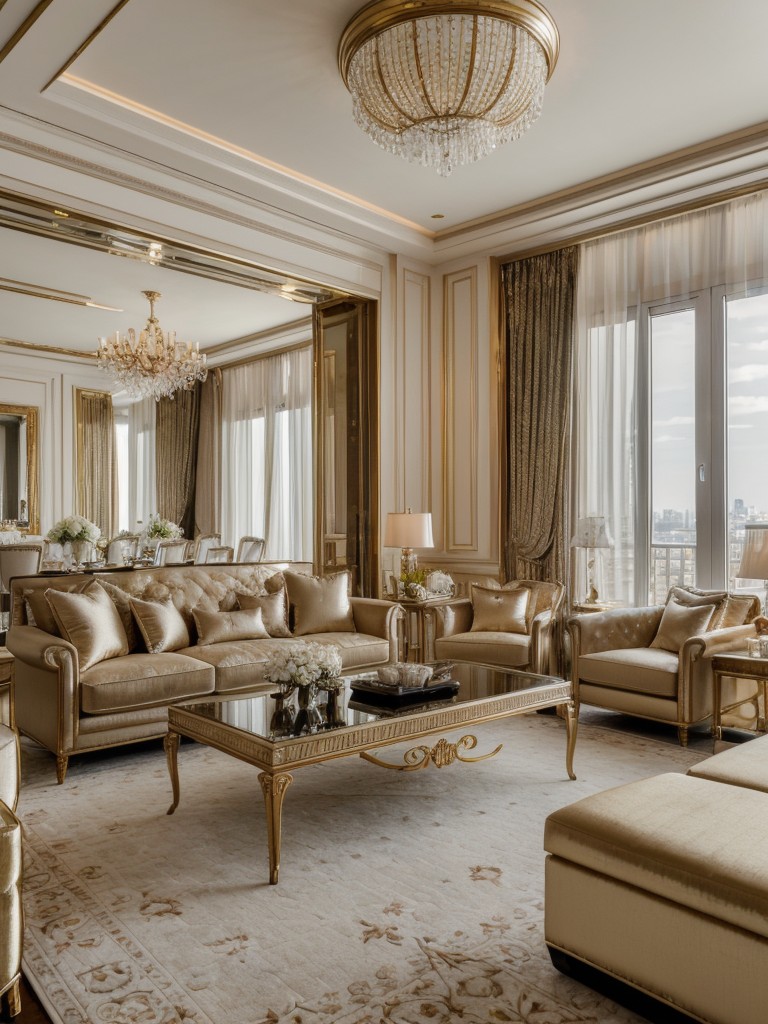 Glamorous apartment living room with metallic accents, luxurious fabrics, and statement lighting for a lavish and elegant ambiance.