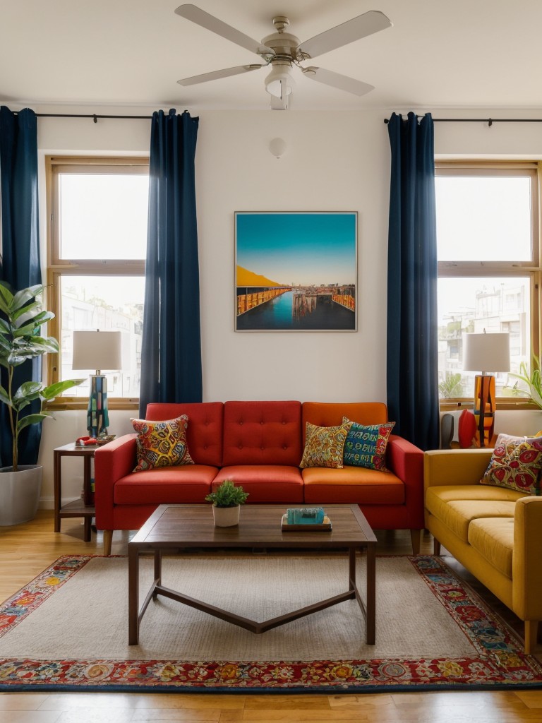 Global-inspired apartment living room with ethnic prints, bold colors, and eclectic furnishings for a vibrant and well-traveled look.