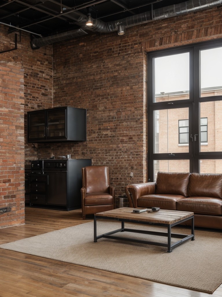 Industrial apartment living room featuring exposed brick walls, open floor plan, and a combination of metal and leather furnishings.