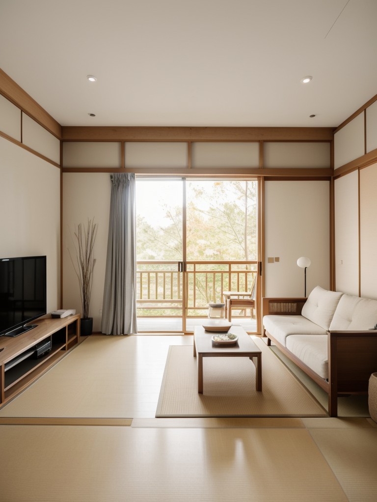 Japanese-inspired apartment living room with minimal furnishings, clean lines, and a serene color palette inspired by nature.