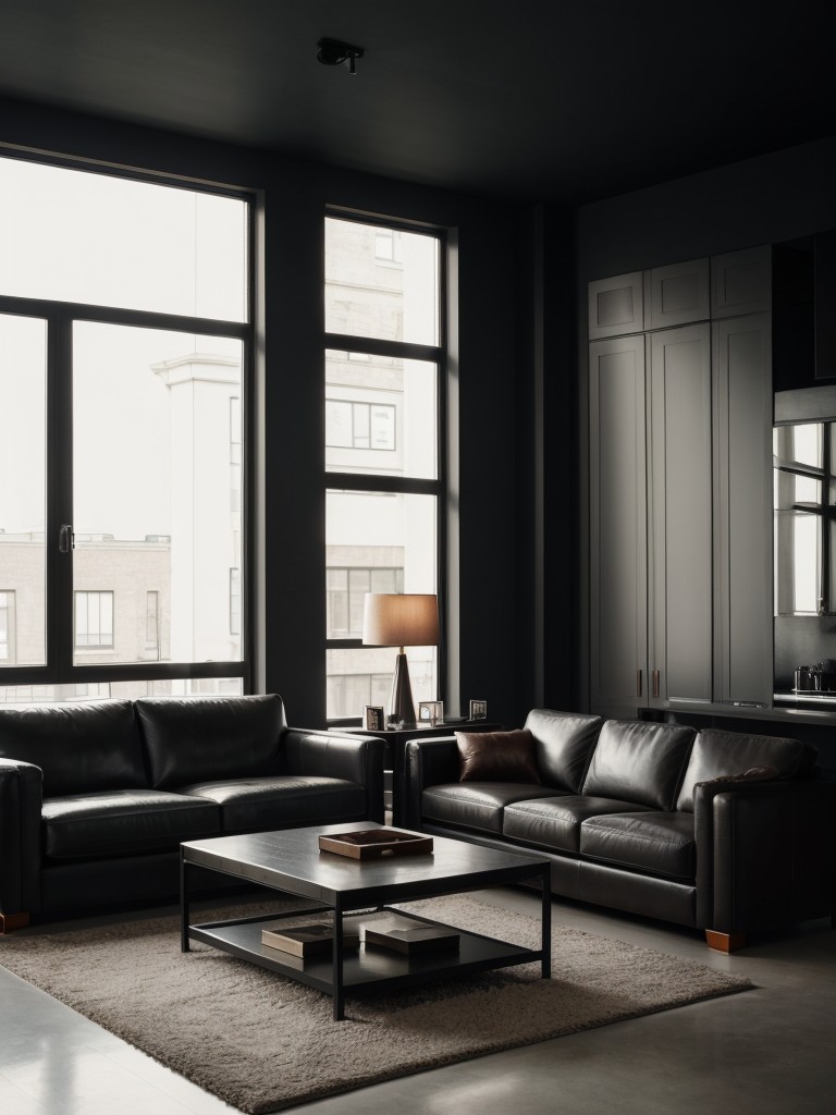 Masculine apartment living room with dark color scheme, strong lines, and leather furniture for a sleek and sophisticated look.