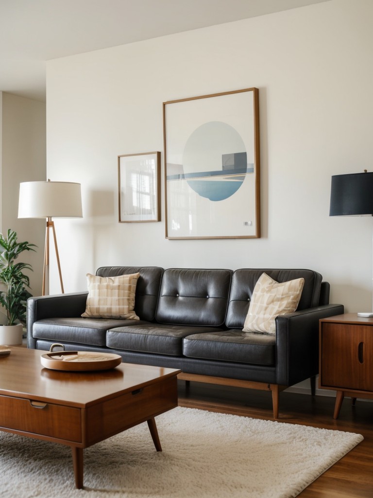 Mid-century modern apartment living room with retro vibes, clean lines, and iconic furniture designs like the Eames Lounge Chair.