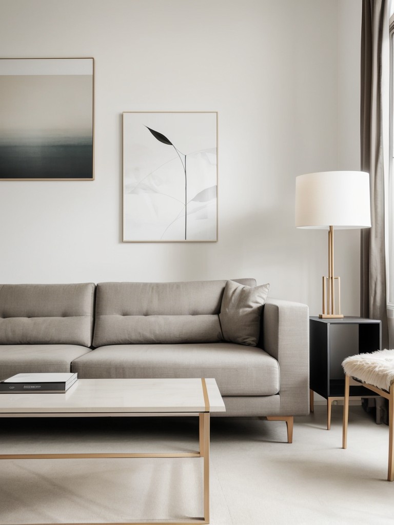 Minimalist apartment living room with neutral color palette, sleek furniture, and statement artwork.