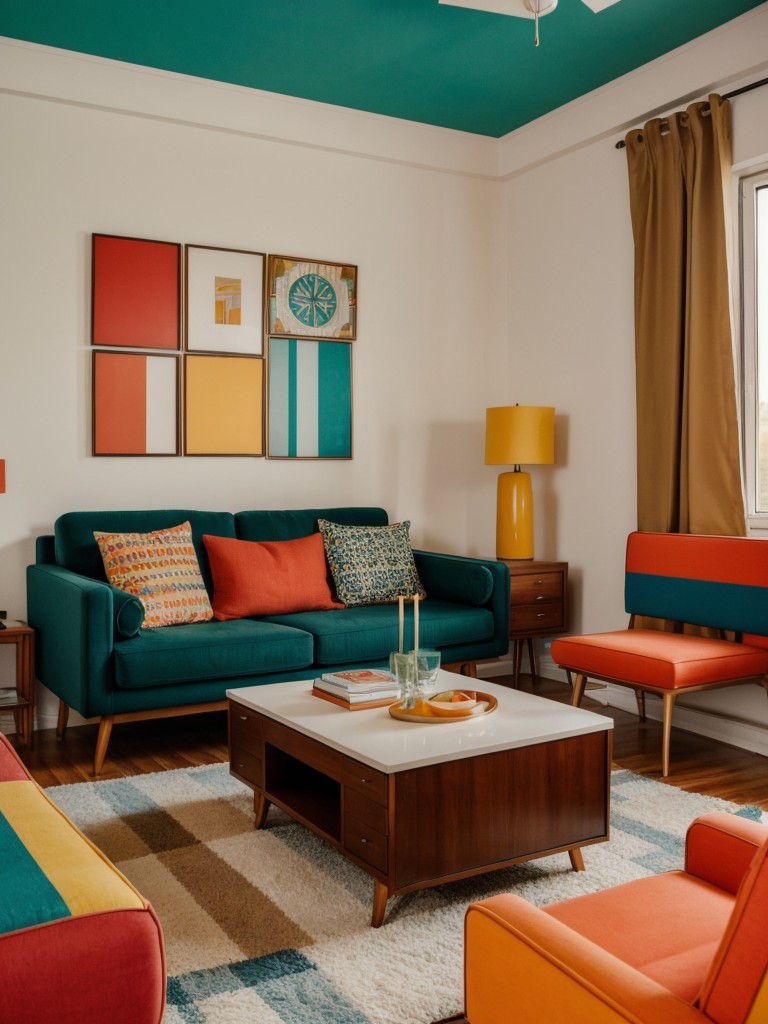 Retro apartment living room with bold colors, geometric patterns, and vintage-inspired furniture for a fun and nostalgic atmosphere.