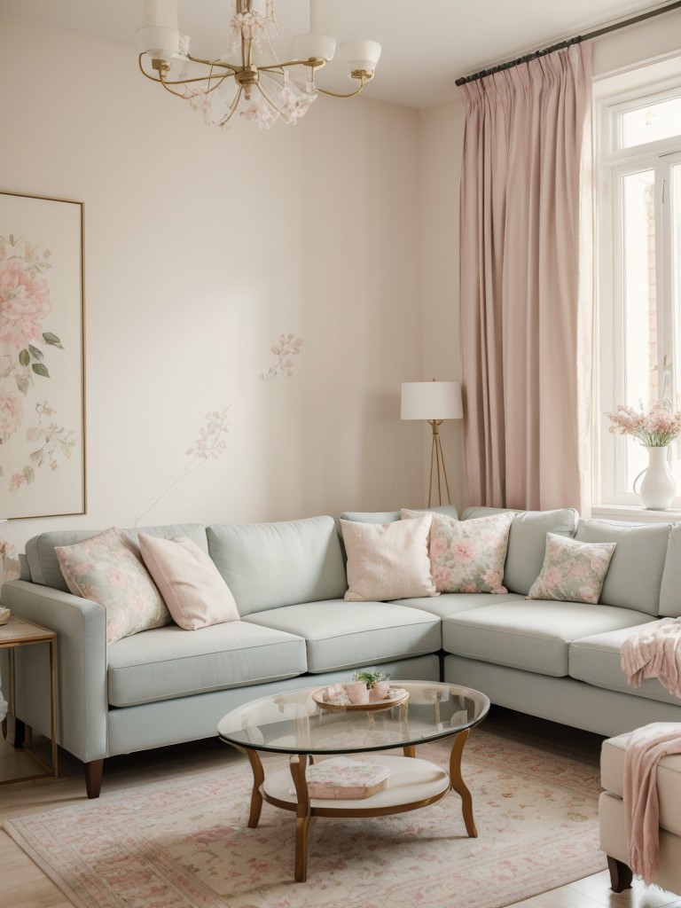 Romantic apartment living room with soft pastel colors, floral patterns, and delicate accents for a dreamy and feminine feel.