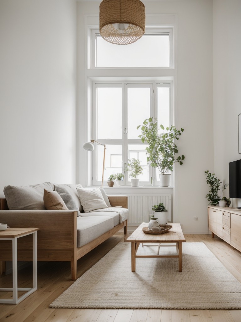 Scandinavian-inspired apartment living room with light wood accents, white walls, and plenty of natural light for a fresh and airy feel.