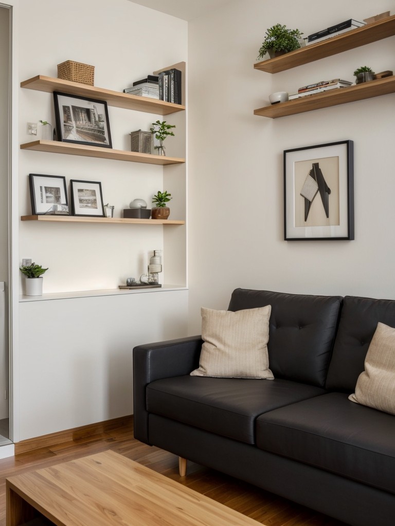 Small apartment living room with smart space-saving solutions like built-in storage, multifunctional furniture, and wall-mounted shelves.