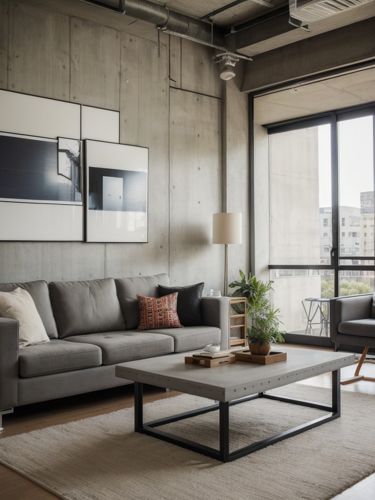 Urban chic apartment living room with urban-inspired artwork, exposed concrete walls, and eclectic furniture pieces for a trendy and edgy look.