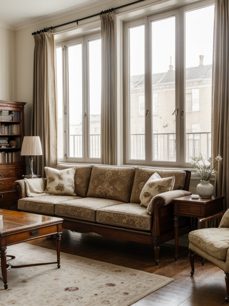 Vintage-inspired apartment living room featuring antique furniture, classic patterns, and a touch of nostalgia for a timeless and elegant feel.