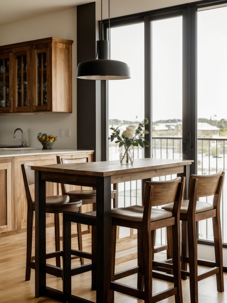 Choose tall furniture pieces, such as a bar table with stools, to block the view from lower angles.