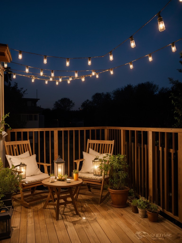 Create an intimate atmosphere by hanging string lights or lanterns around your balcony.