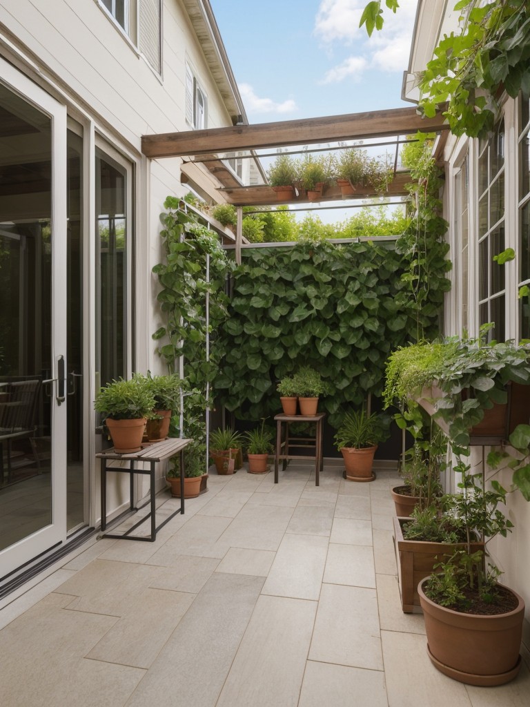 Utilize a freestanding trellis and plant climbing vines to add a natural barrier to your balcony.