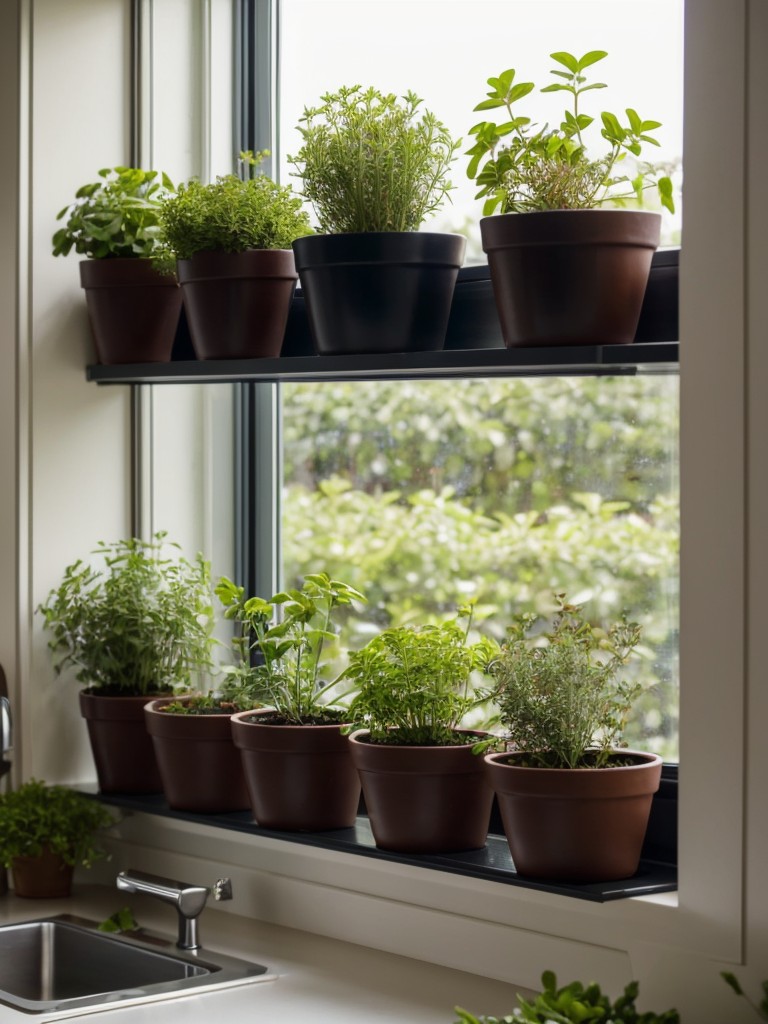 Add a touch of nature by placing potted herbs on the windowsill or hanging a vertical garden to bring life to the kitchen.