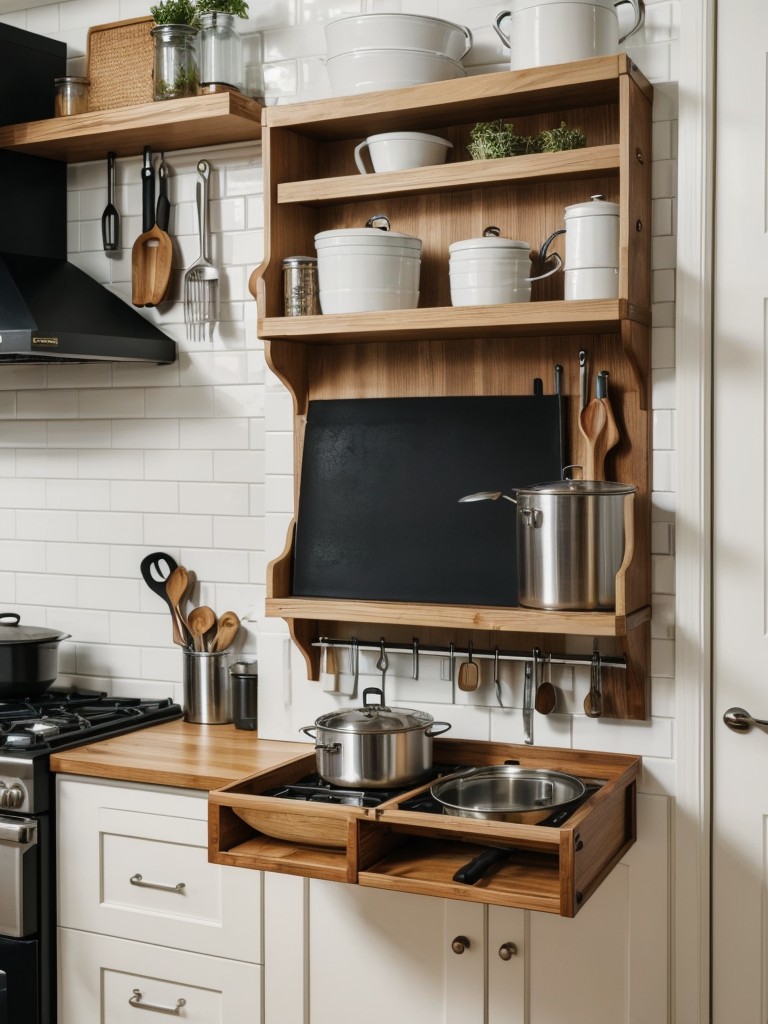 Incorporate a pegboard or magnetic wall to hang pots, pans, and cooking utensils, freeing up valuable drawer and cabinet space.