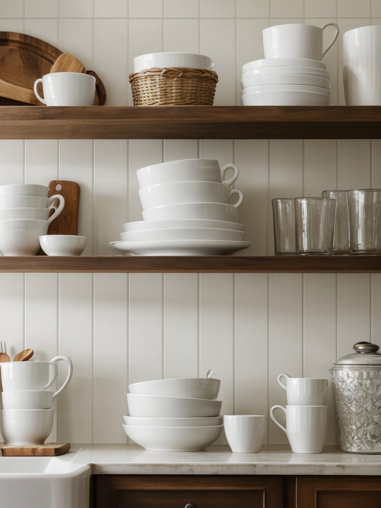 Use open shelving to display stylish dinnerware or glassware, adding a touch of decorative charm to the kitchen.